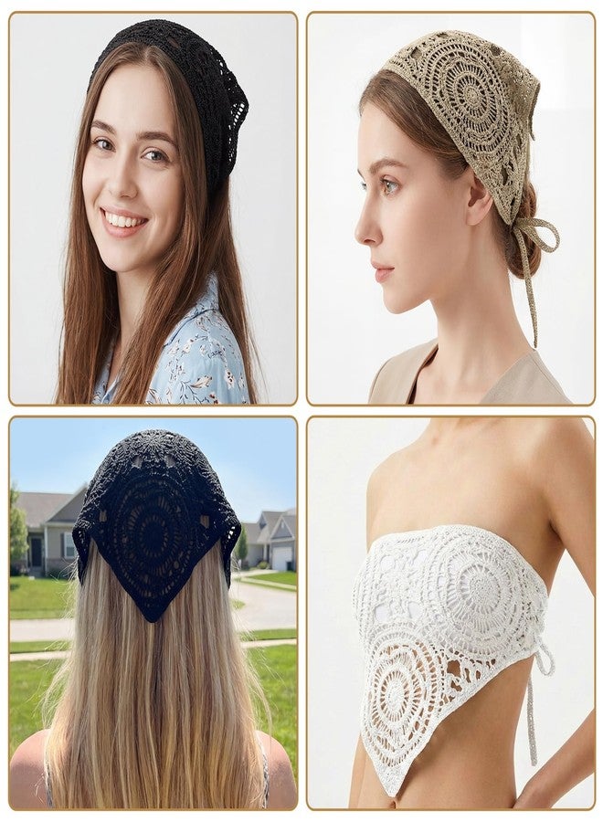 Larrel 3PCS Crochet Bandanas Headbands, Cute Knitted Crochet Head Scarf, Knit Lace Floral Hollow Kerchief, Hair Accessories for Women, Vintage Hair Bandanas for Hair-Styling and Decor (Beige, Black, Gray) - Image 4